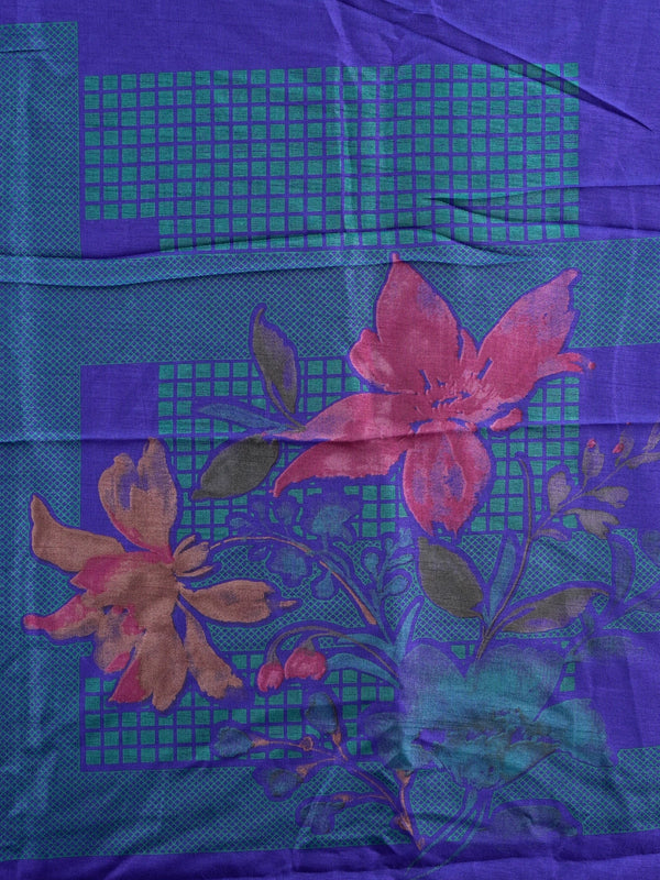 Violet blue Dola silk saree with floral print body and contrast teal green gold zari border