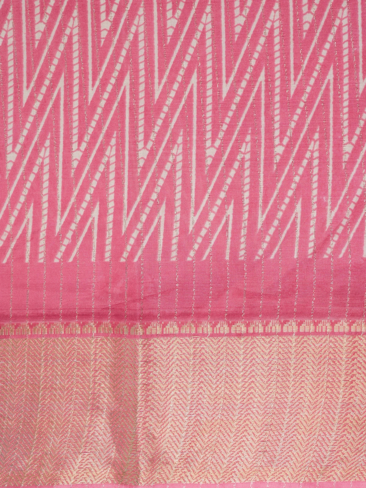 Pink and white chevron print designer saree with gold zari border and tree-motif pallu