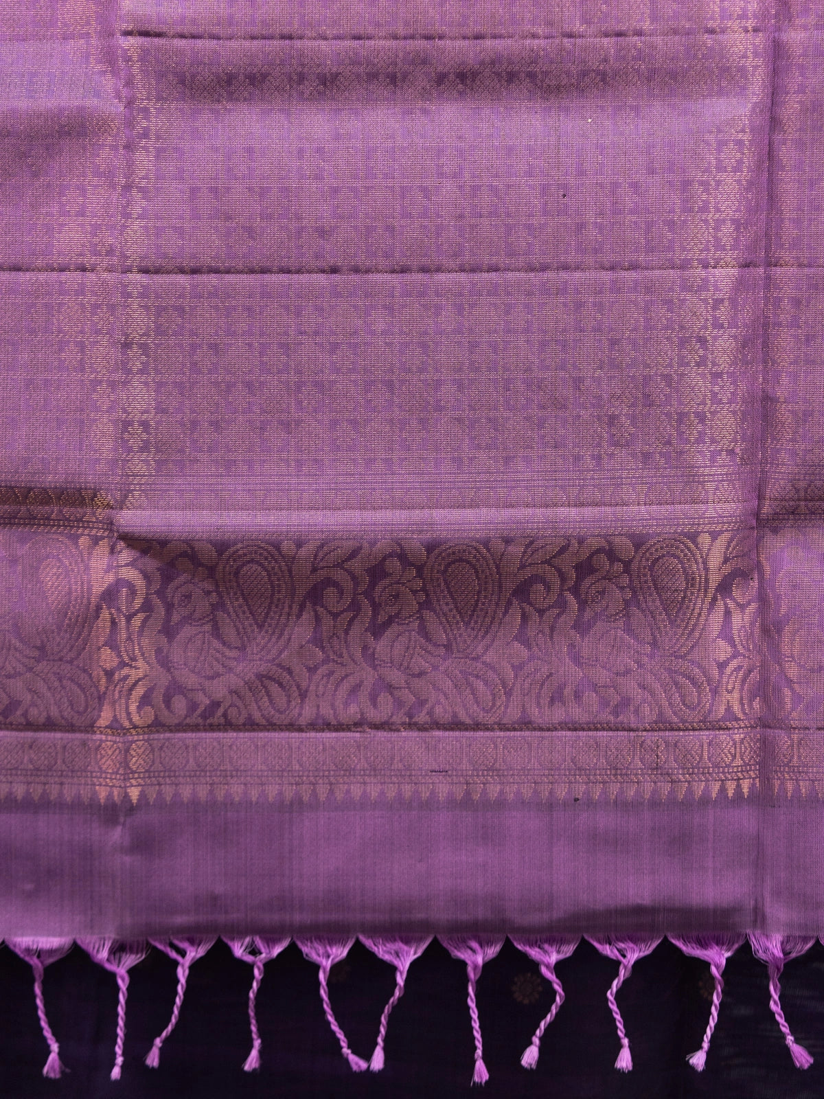 Purple and lavender pure soft silk saree with gold zari border and paisley pallu