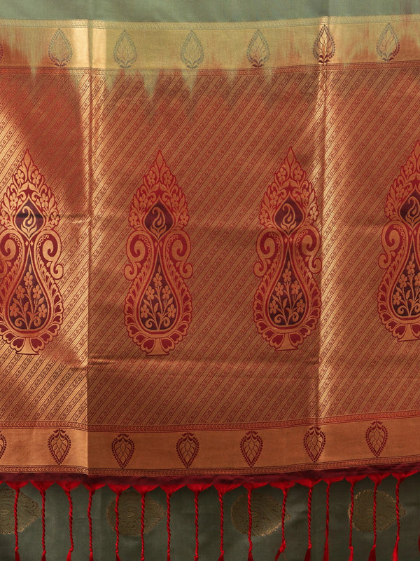 Olive green Kanchipuram fancy silk saree with contrast maroon and gold zari border and paisley pallu