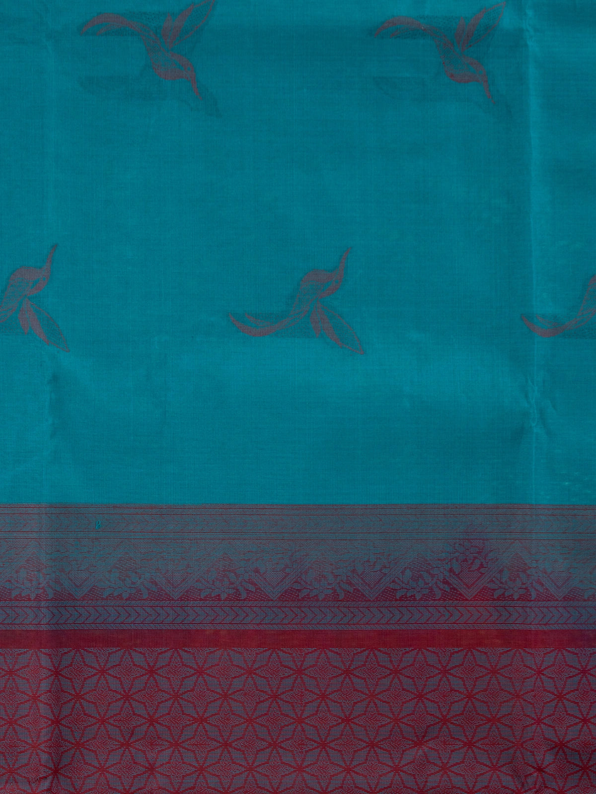 Teal blue pure silk cotton saree with woven bird motifs and contrast red pallu and border