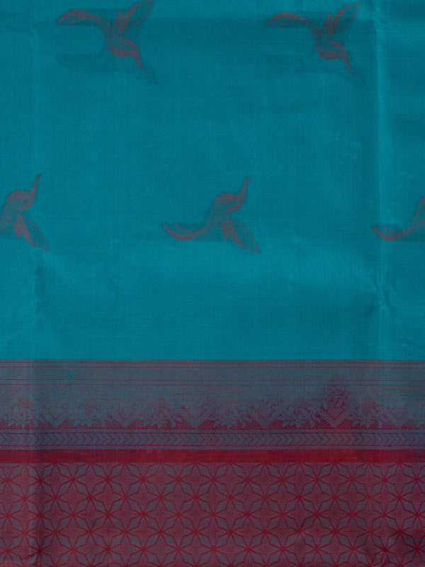 Teal blue pure silk cotton saree with woven bird motifs and contrast red pallu and border