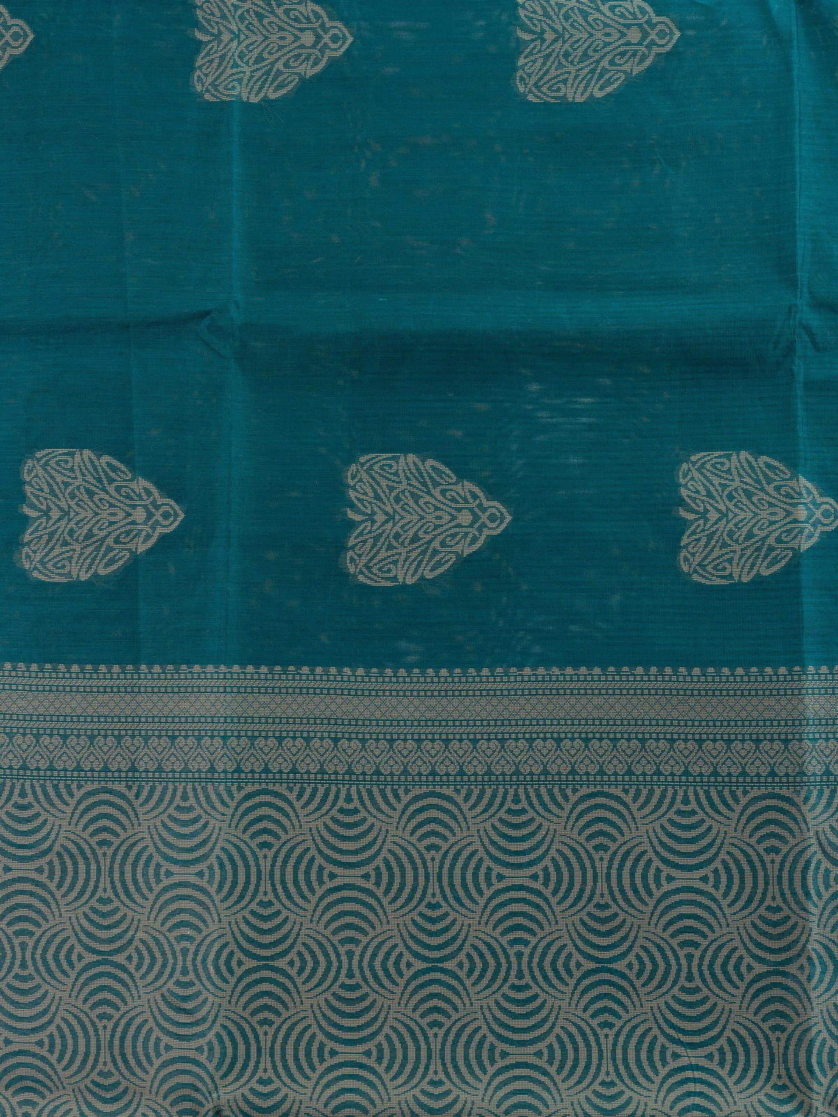 Peacock teal blue silk cotton saree with beige woven buta motifs and patterned pallu
