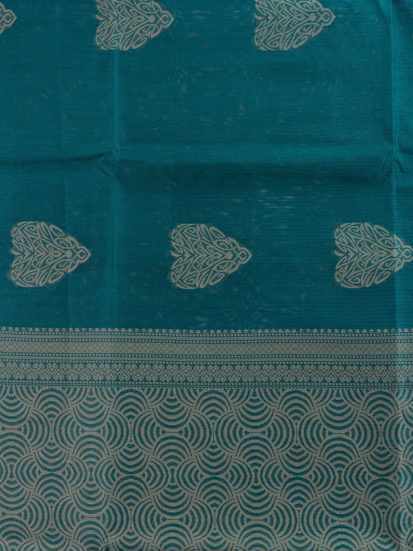 Peacock teal blue silk cotton saree with beige woven buta motifs and patterned pallu