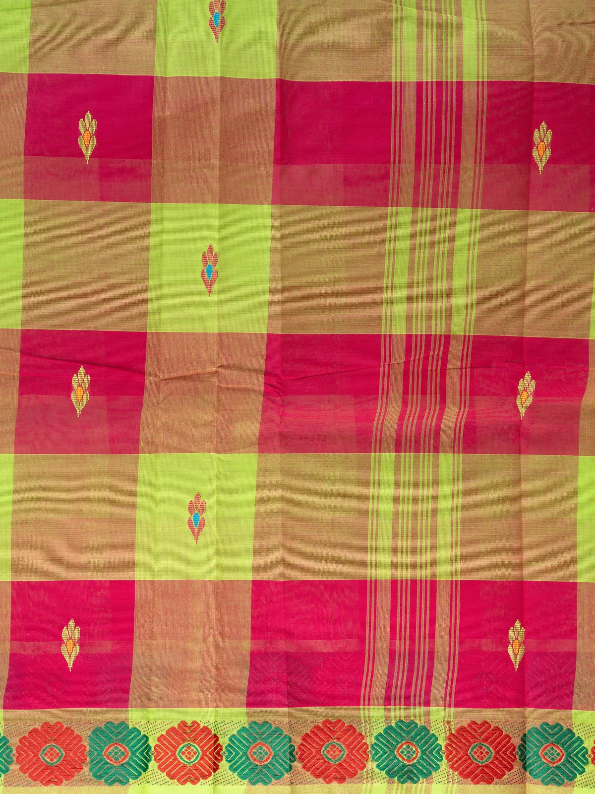 Pink and green checked Chettinad cotton saree with contrast lime-green floral border and woven leaf motifs