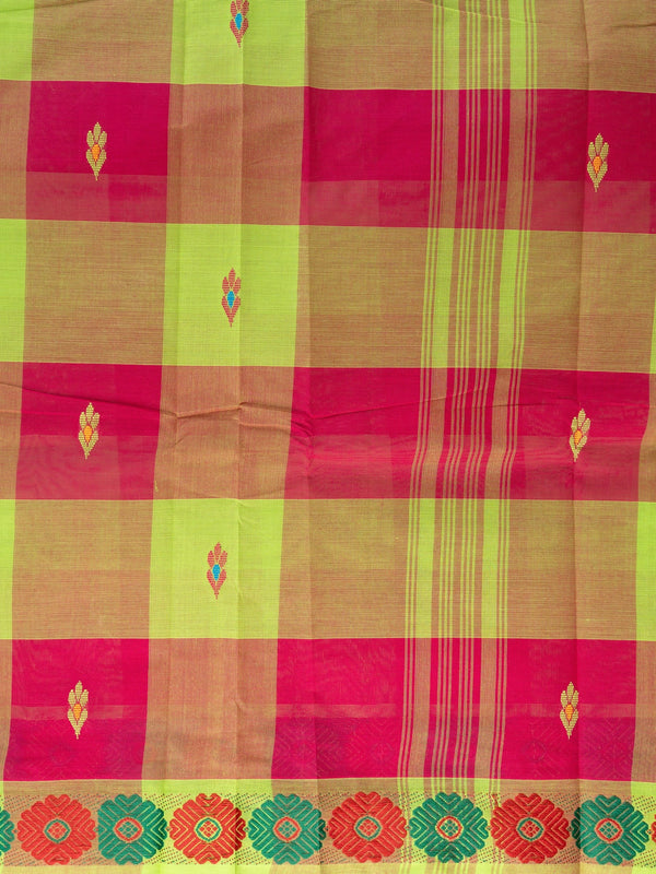 Pink and green checked Chettinad cotton saree with contrast lime-green floral border and woven leaf motifs