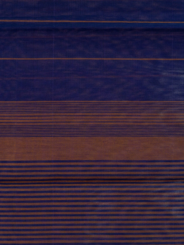 Navy blue silk cotton saree with copper stripes and contrast striped pallu