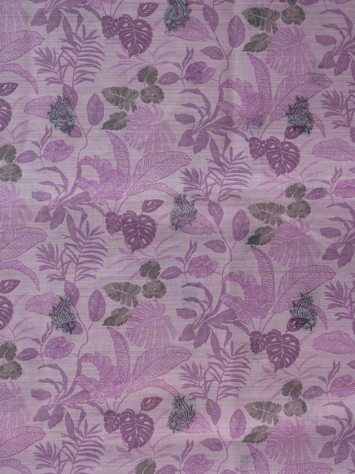 Lavender and grey Linen Cotton saree with tropical floral print and kalamkari elephant pallu