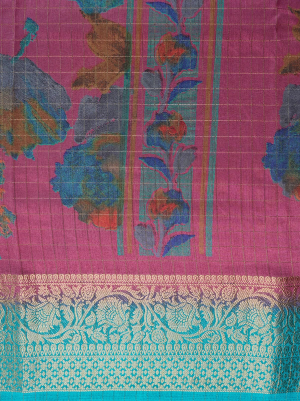 Magenta Dola silk saree with multicolour floral print and contrast teal gold zari border