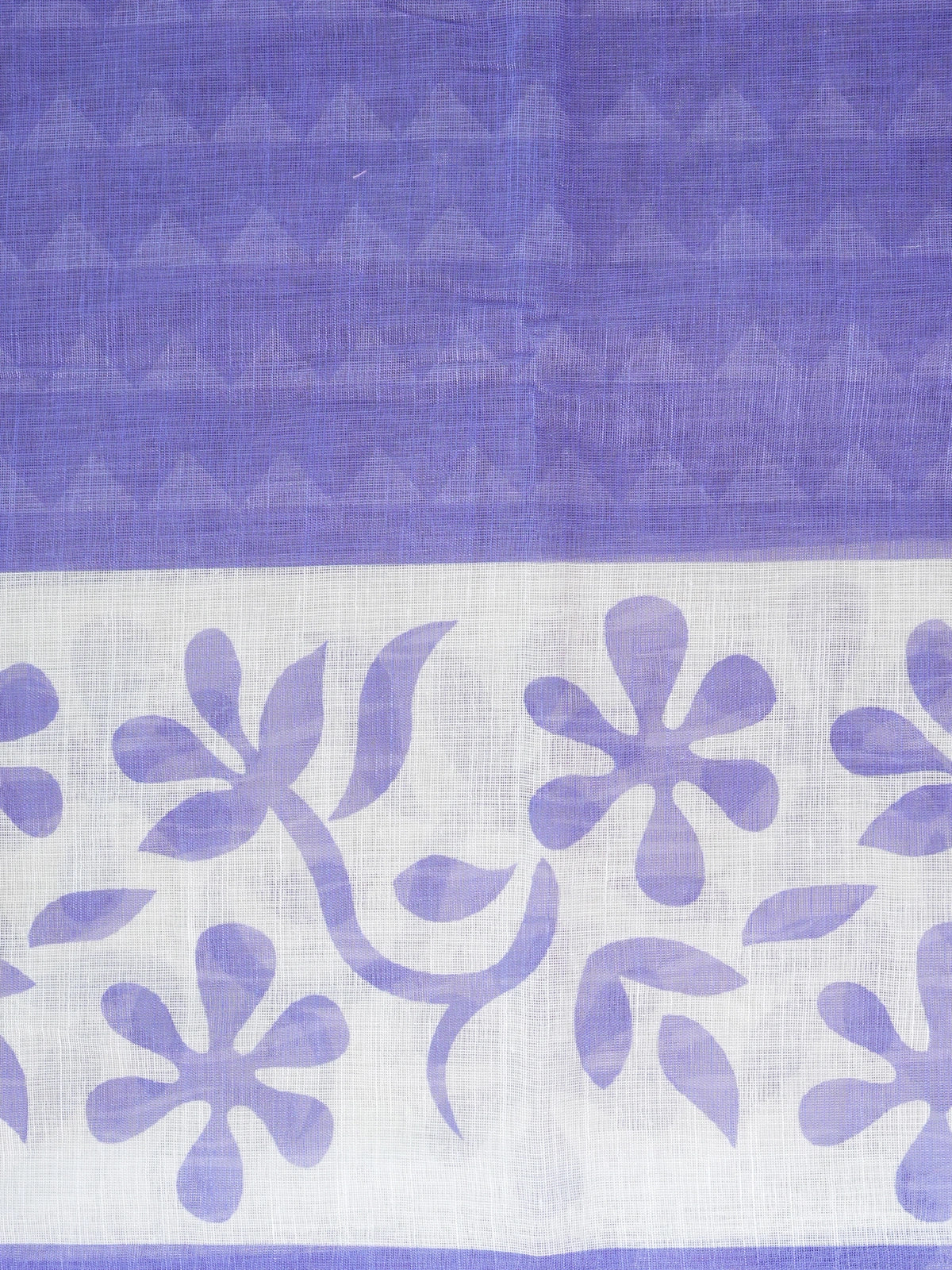 Purple and white floral printed linen cotton saree with white border and pallu