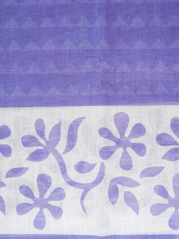 Purple and white floral printed linen cotton saree with white border and pallu