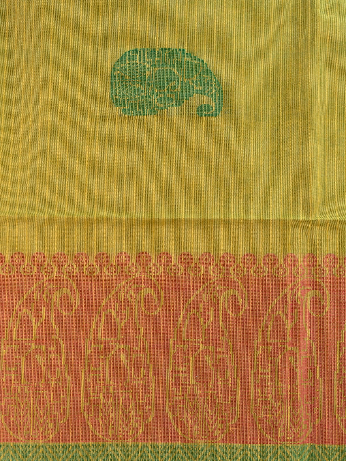 Mehndi green semi raw silk saree with paisley and elephant motifs, contrast maroon border and banded pallu