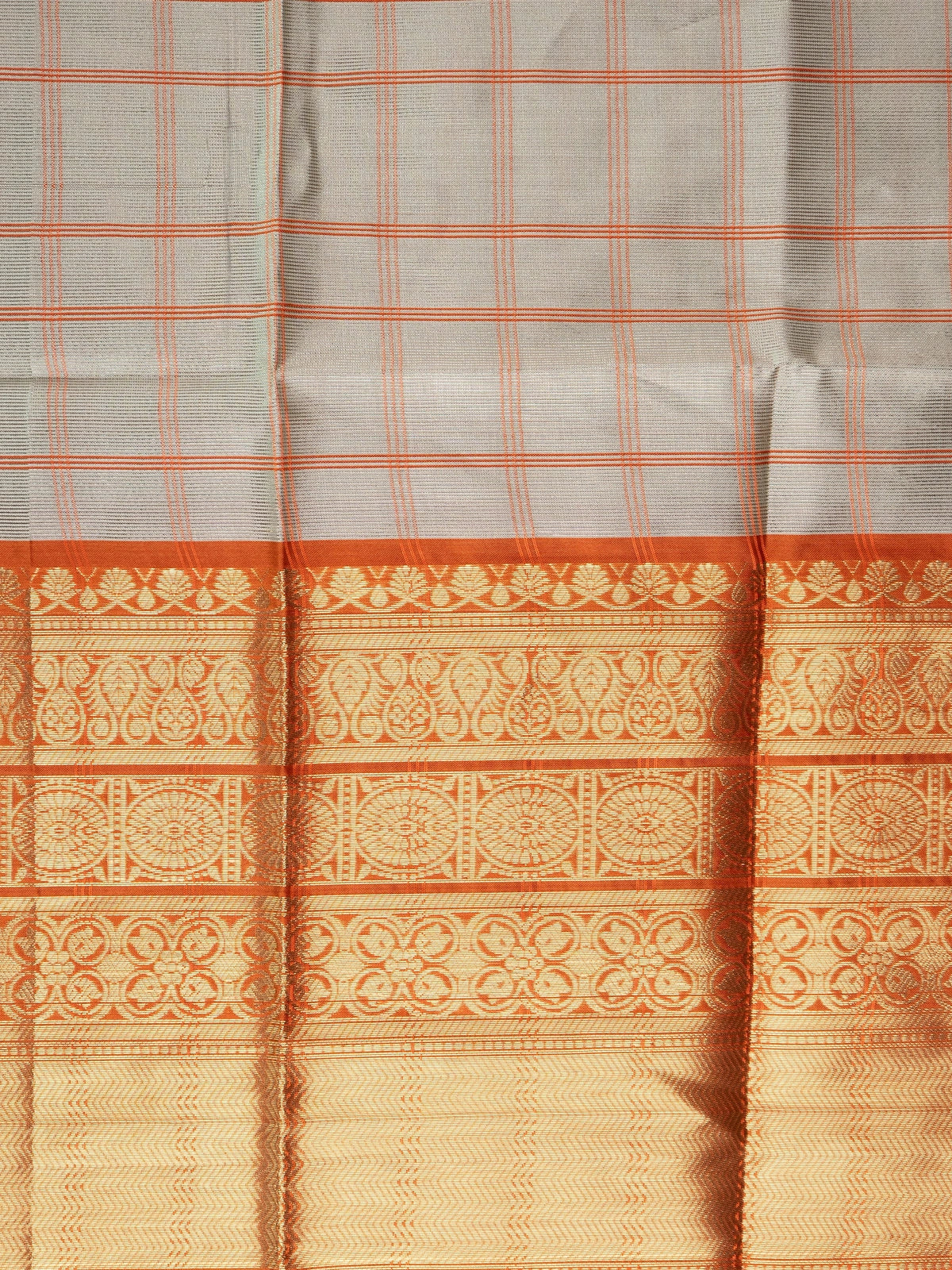Grey and orange Kanchi semi silk saree with checked body and gold zari contrast border