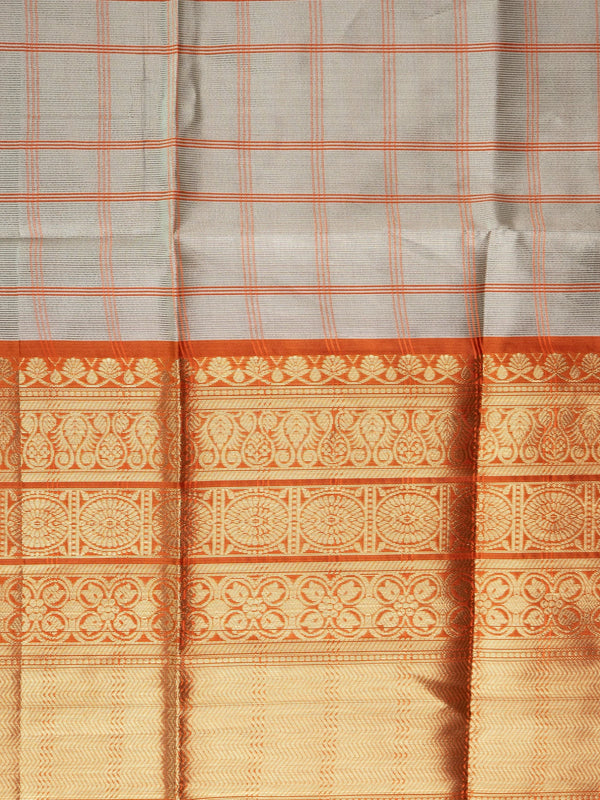 Grey and orange Kanchi semi silk saree with checked body and gold zari contrast border