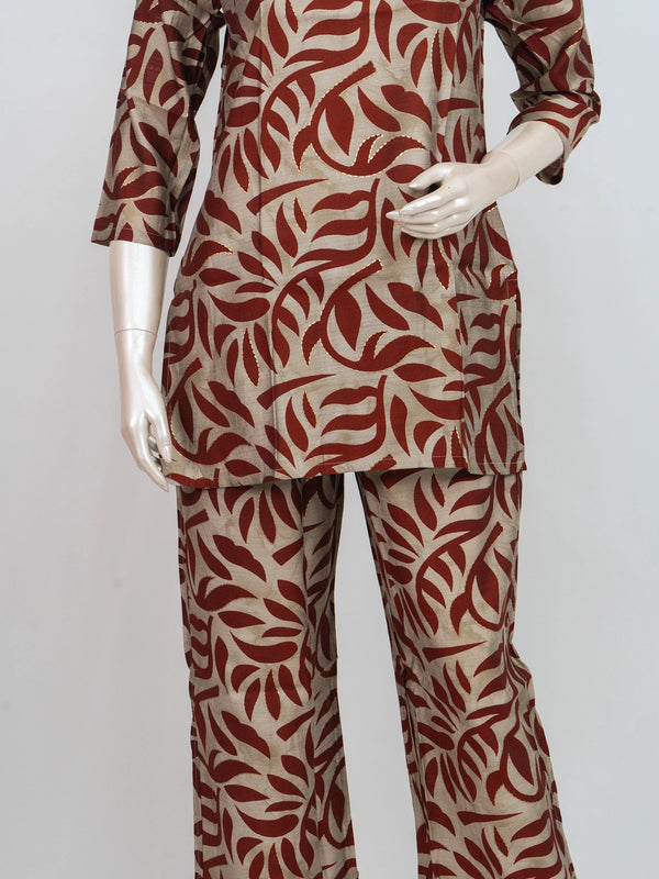 Rust and beige leaf print cotton co-ord set with short kurti and wide-leg pants