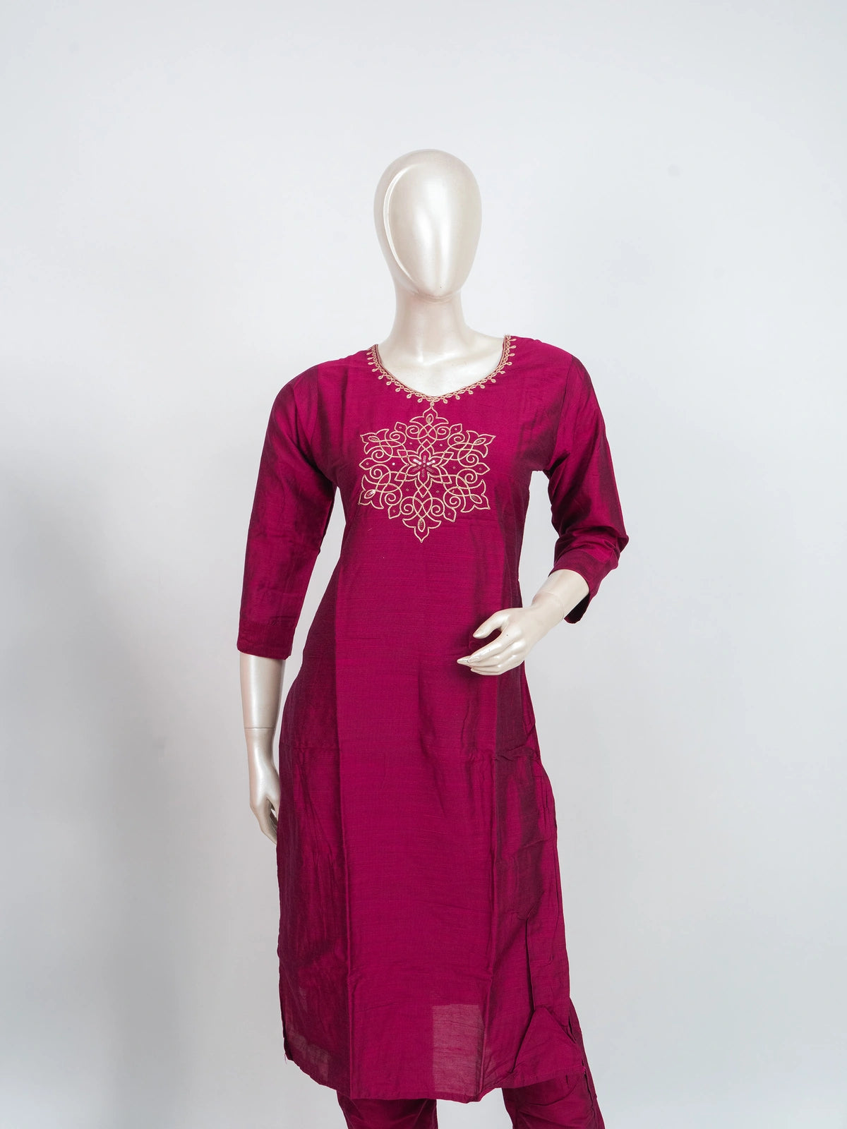 Rani Pink art silk zari embroidered straight cut kurti set with matching pants and gold-bordered dupatta