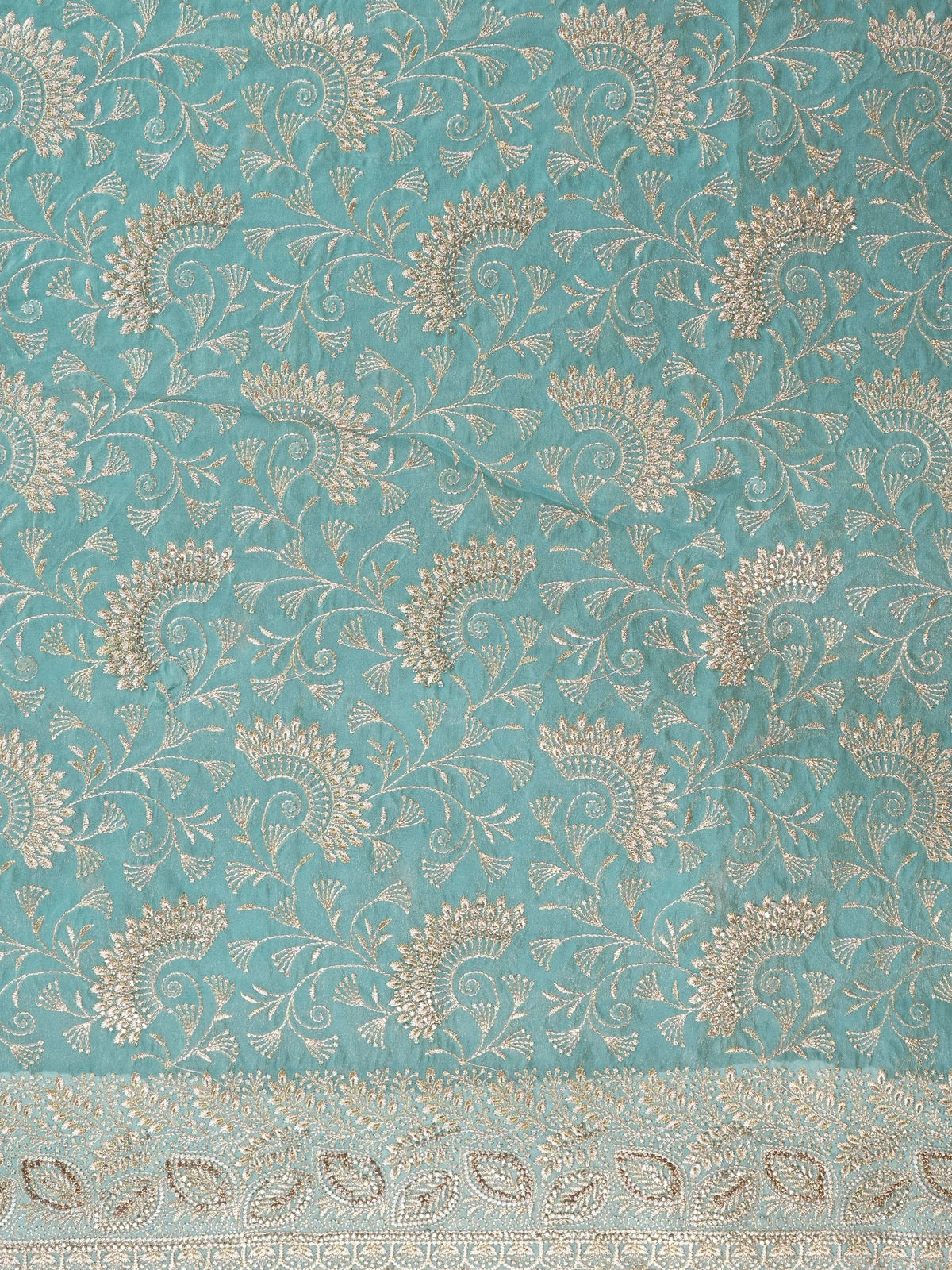 Sea green designer saree with allover gold zari floral and paisley embroidery and embellished border