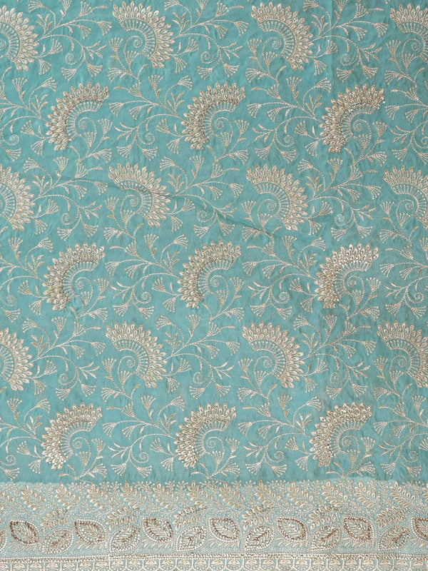 Sea green designer saree with allover gold zari floral and paisley embroidery and embellished border