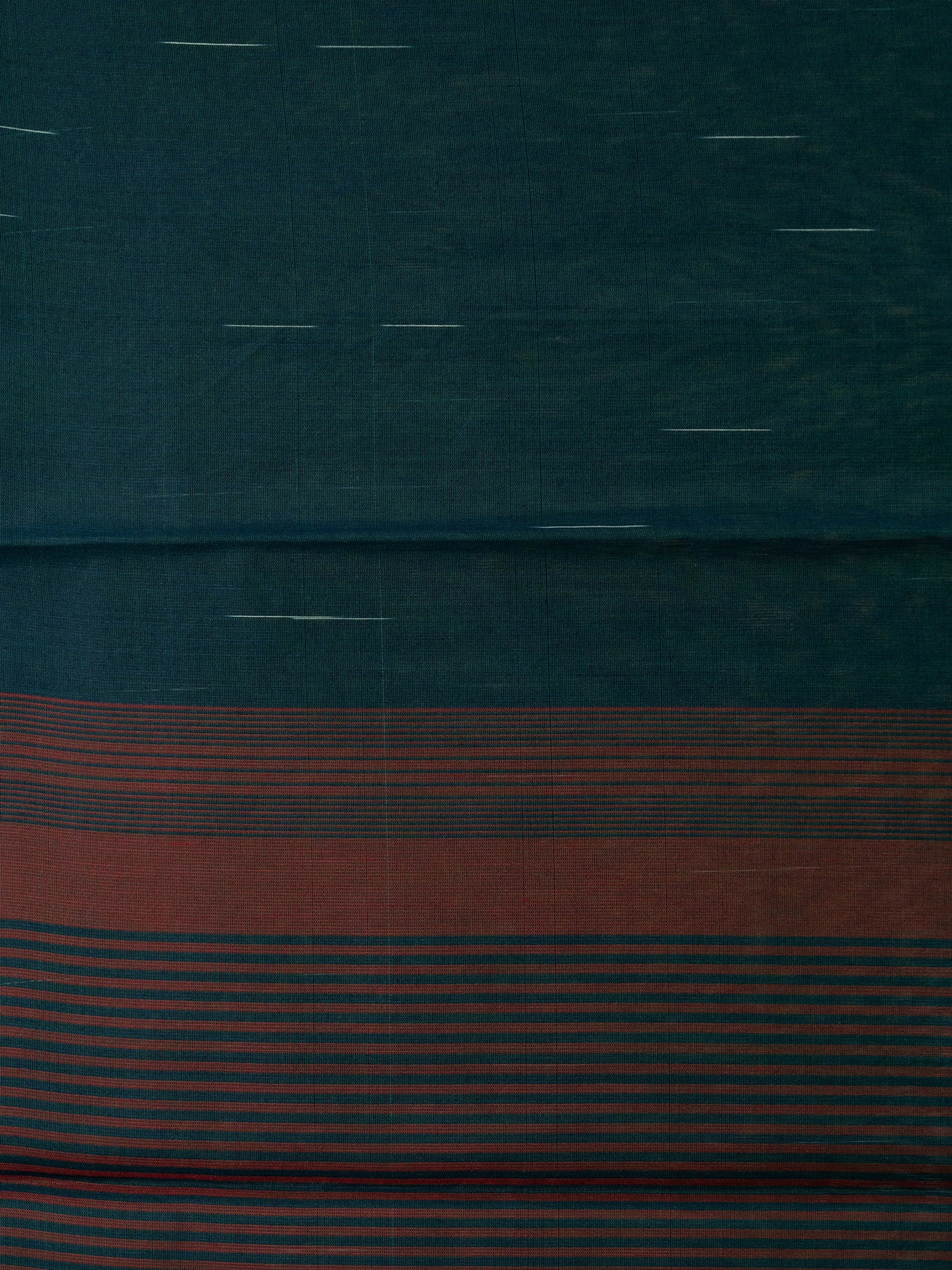 Teal green silk cotton saree with silver zari streaks and contrast maroon striped pallu