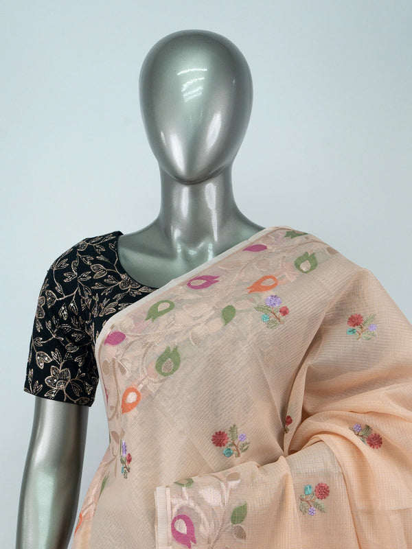 Peach linen cotton saree with multicolour floral embroidery, kota-check texture and paisley border with black embroidered blouse