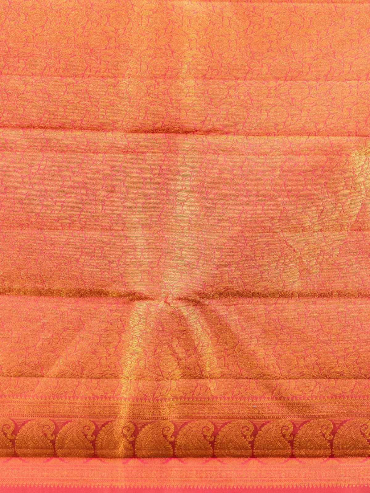 Cream pure Kanchipuram silk saree with gold zari buttas and contrast orange-red zari border