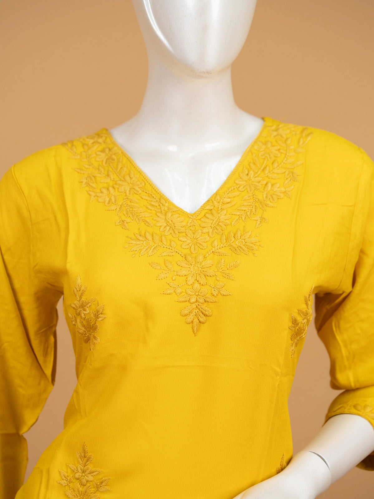 Yellow cotton chikankari embroidered straight cut kurti set with matching pants