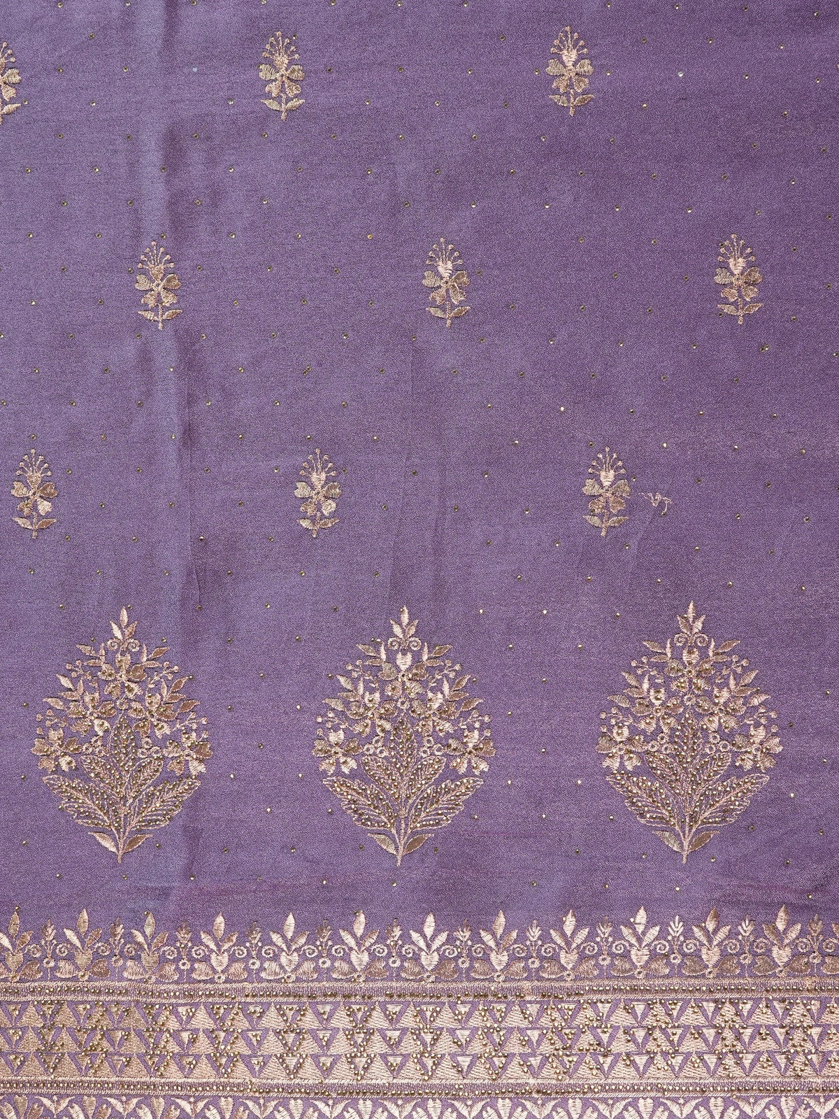 Mauve purple designer saree with gold embroidered floral butis and ornate zari border