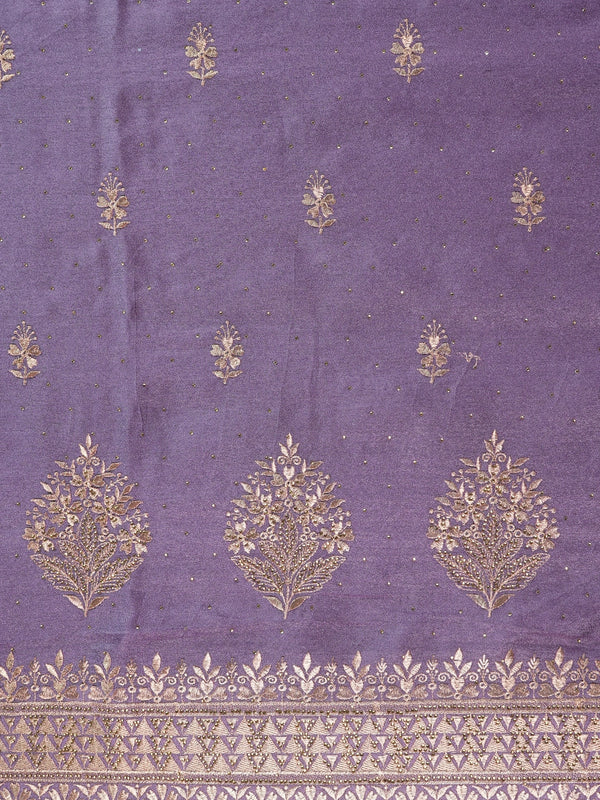 Mauve purple designer saree with gold embroidered floral butis and ornate zari border