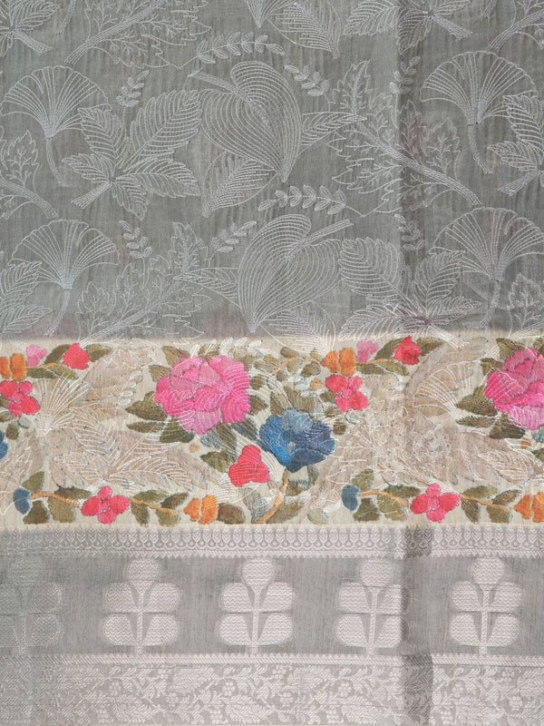 Grey designer saree with white floral embroidery, silver zari border and multicoloured embroidered roses