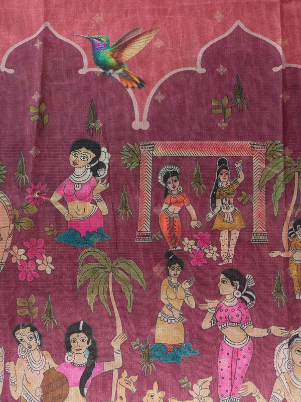 Rose pink semi tussar saree with gold butta body, green zari border and Pattachitra figurative pallu