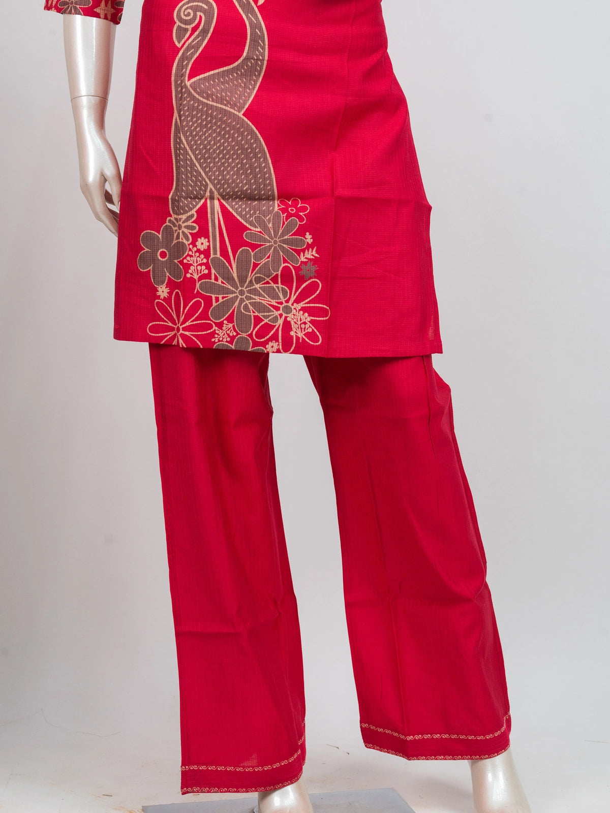 Red cotton co-ord kurti set with crane and floral placement print and matching straight pants