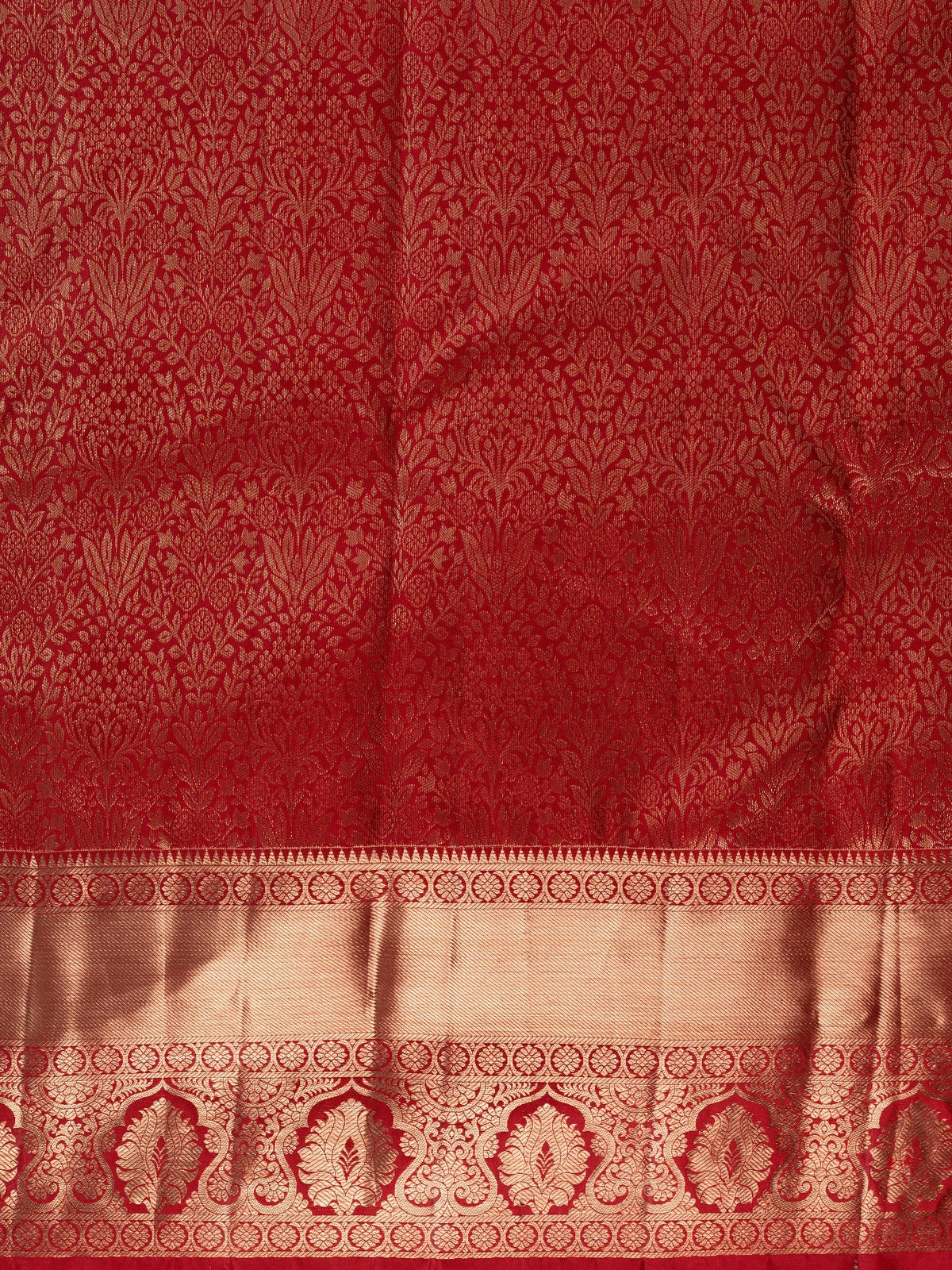 Red pure Kanchipuram silk saree with allover gold zari floral brocade and a broad temple-edged zari border