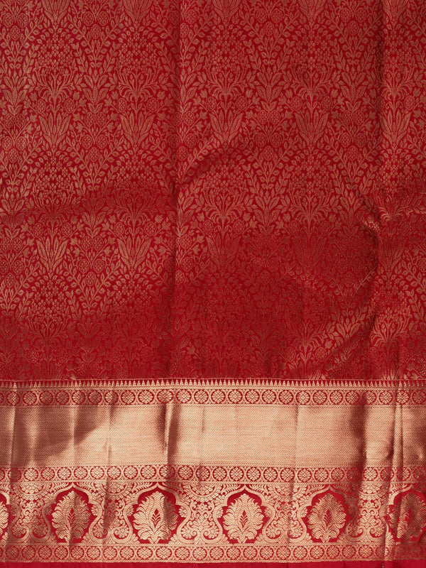 Red pure Kanchipuram silk saree with allover gold zari floral brocade and a broad temple-edged zari border