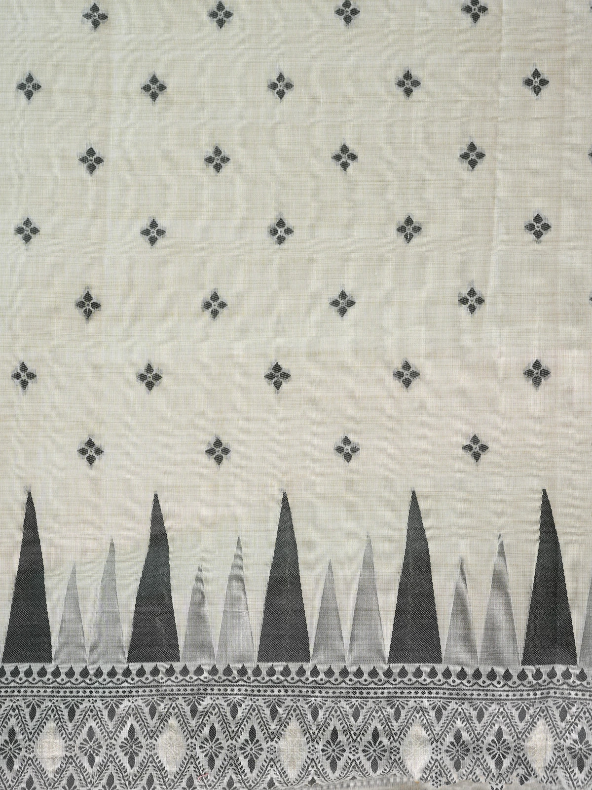 Ivory linen cotton saree with black temple border, floral buttas and pink patterned pallu