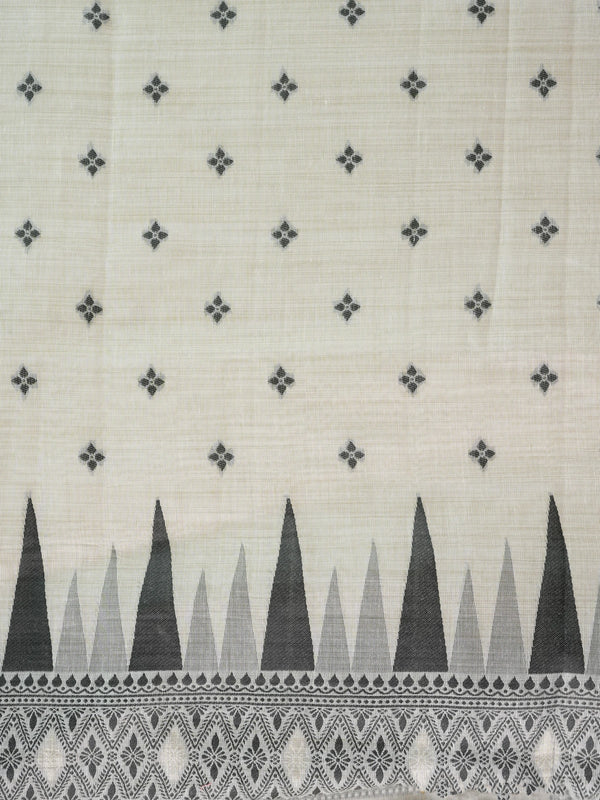 Ivory linen cotton saree with black temple border, floral buttas and pink patterned pallu