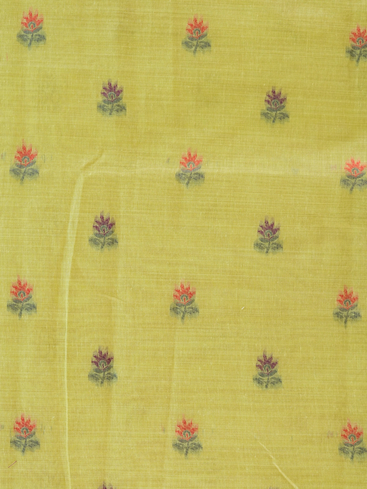 Lime yellow linen cotton saree with multicolour floral buttis and woven floral vine border