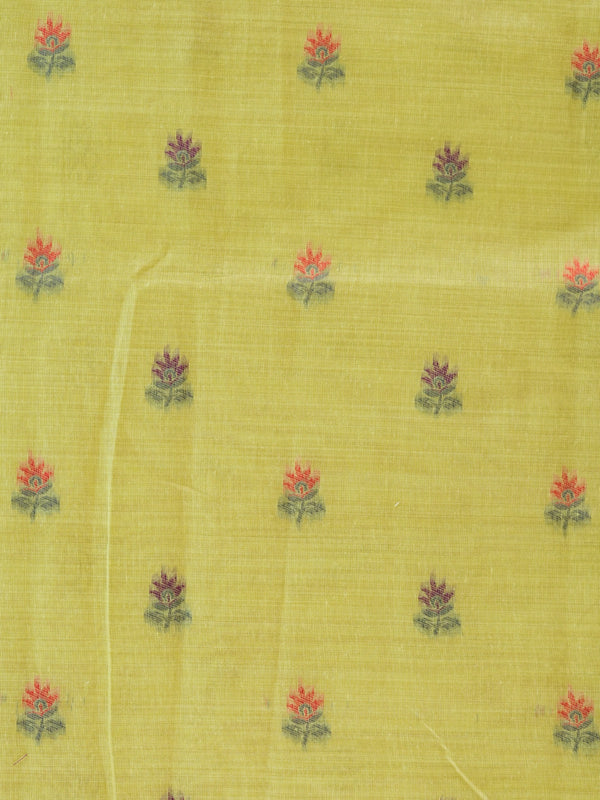 Lime yellow linen cotton saree with multicolour floral buttis and woven floral vine border
