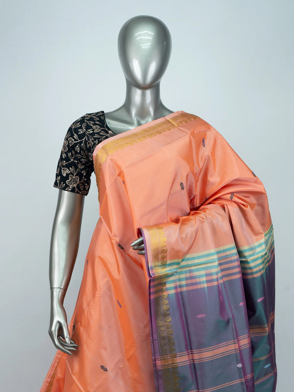 Peach Banana Silk saree with gold zari border, contrast grey checked pallu and embroidered black blouse