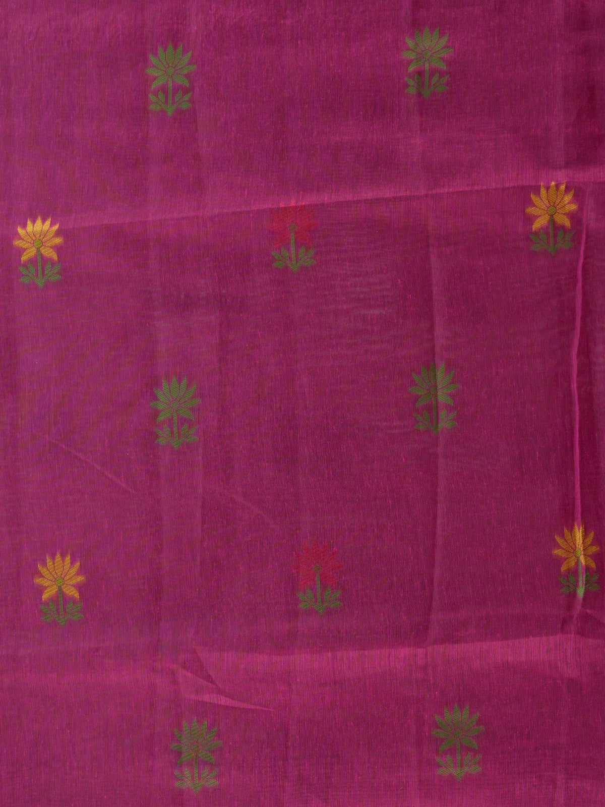 Magenta pink linen cotton saree with woven multicolour floral motifs and floral vine pallu