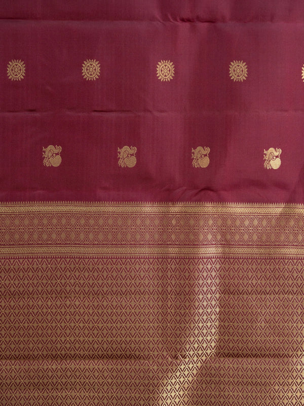 Maroon pure Kanchipuram silk saree with gold zari buttas and contrast zari border