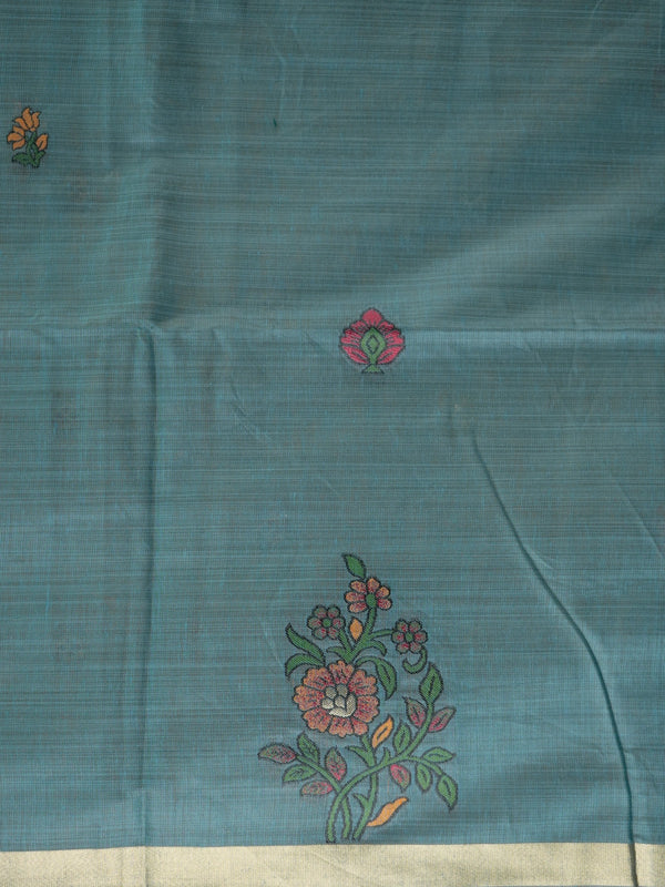 Teal blue linen cotton saree with floral butta body, gold zari border and parrot motif pallu
