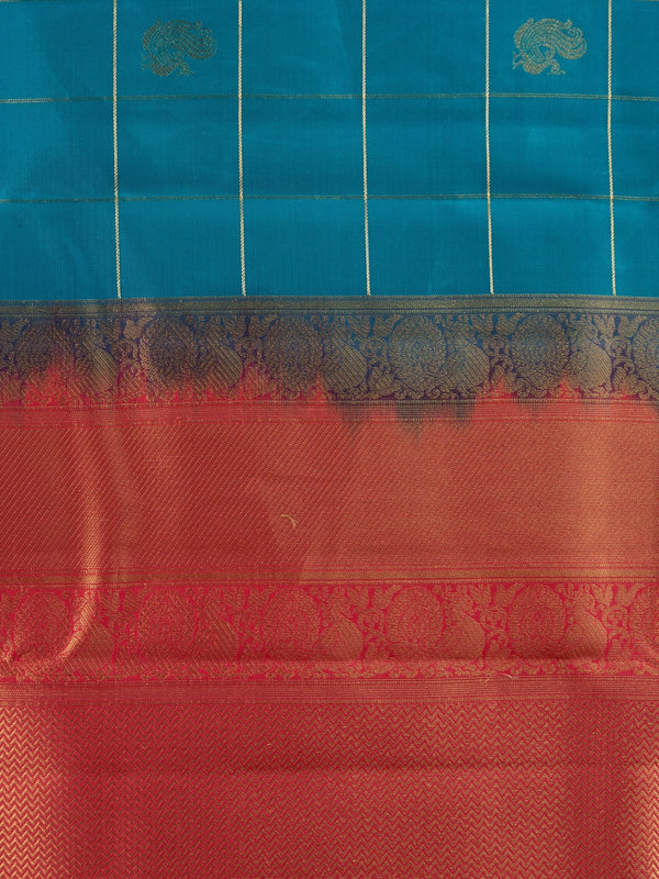 Peacock blue pure Kanchipuram silk saree with gold zari checks, peacock motifs and contrast pink zari border