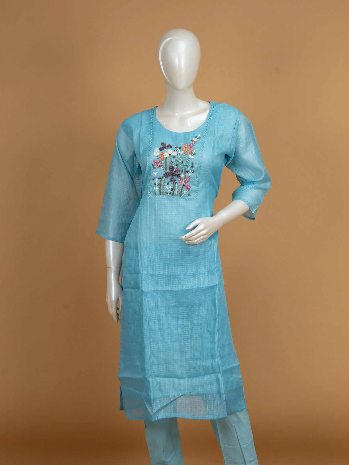 Sky blue Kota cotton straight cut kurti set with multicolour beaded floral embroidery and matching dupatta