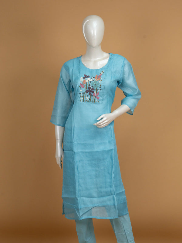 Sky blue Kota cotton straight cut kurti set with multicolour beaded floral embroidery and matching dupatta
