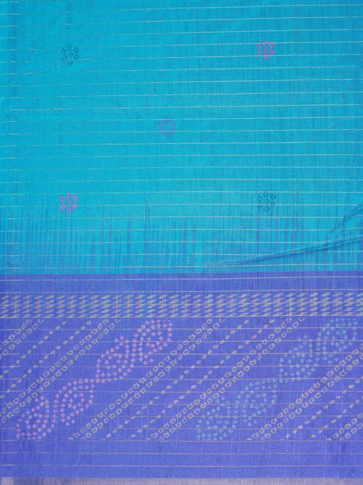 Peacock blue Dola silk saree with contrast violet zari border and bandhani-style pallu