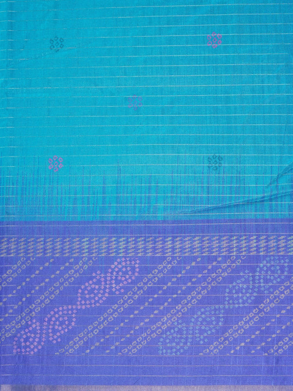 Peacock blue Dola silk saree with contrast violet zari border and bandhani-style pallu