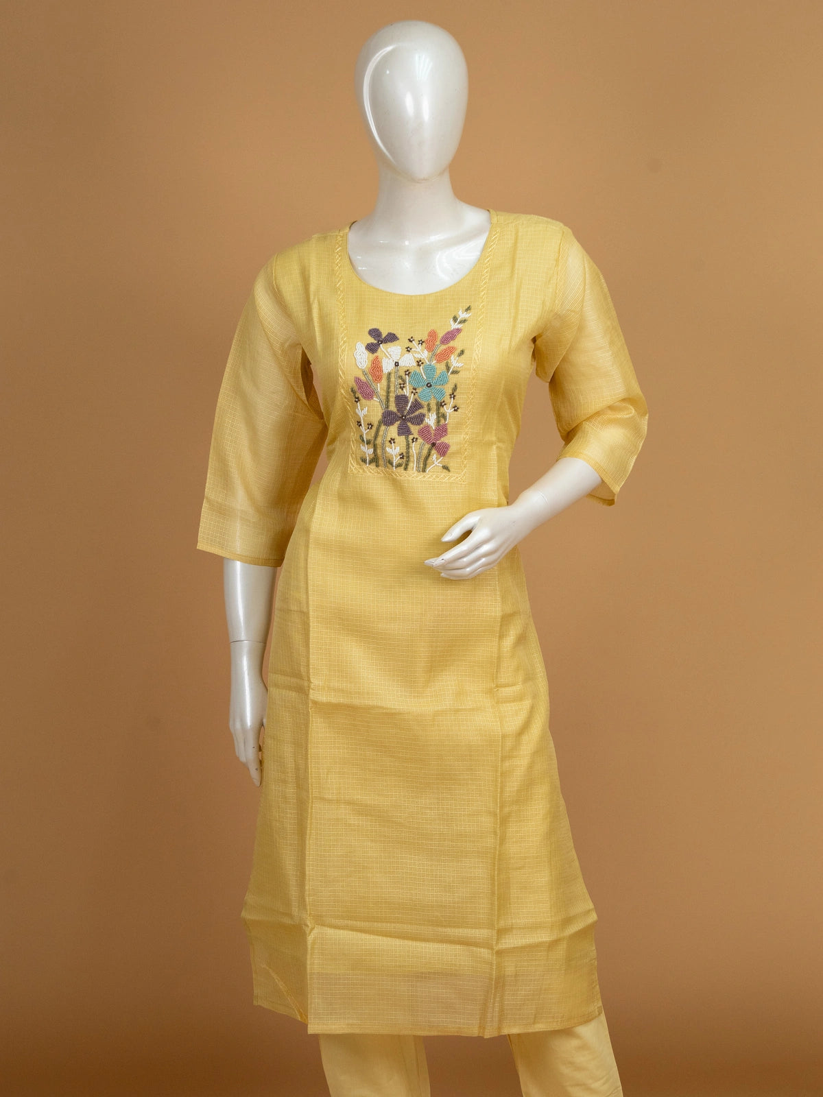 Yellow Kota Doria straight cut kurti set with multicolour beaded floral embroidery and dupatta