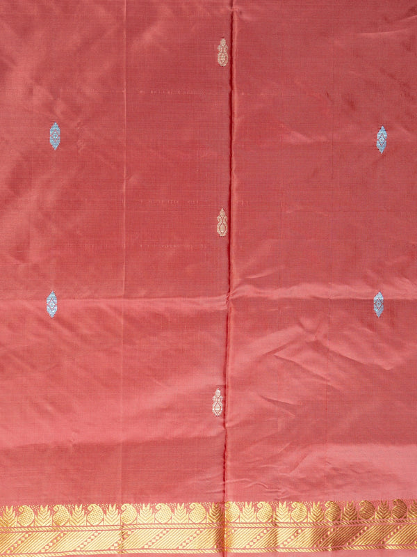 Maroon banana silk saree with gold zari border and contrast cream striped pallu