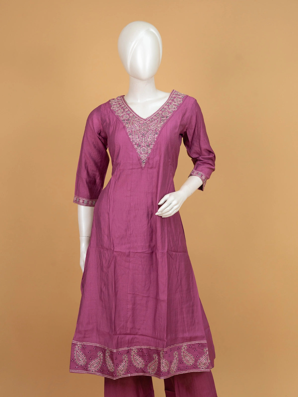 Mauve embroidered cotton silk A-line kurti set with zari paisley dupatta and straight pants