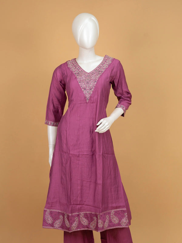 Mauve embroidered cotton silk A-line kurti set with zari paisley dupatta and straight pants